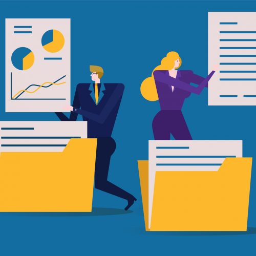 Business people is folding and sorting documents or into folders. flat design elements. vector illustration